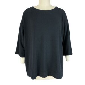 Bryn Walker Bamboo Cotton Terry Tunic Top L Black Boatneck Dolman Oversized BOHO